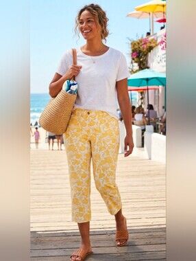Lands' End Yellow White Floral Cotton Ankle Pants Sz 16P - Petite *EUC